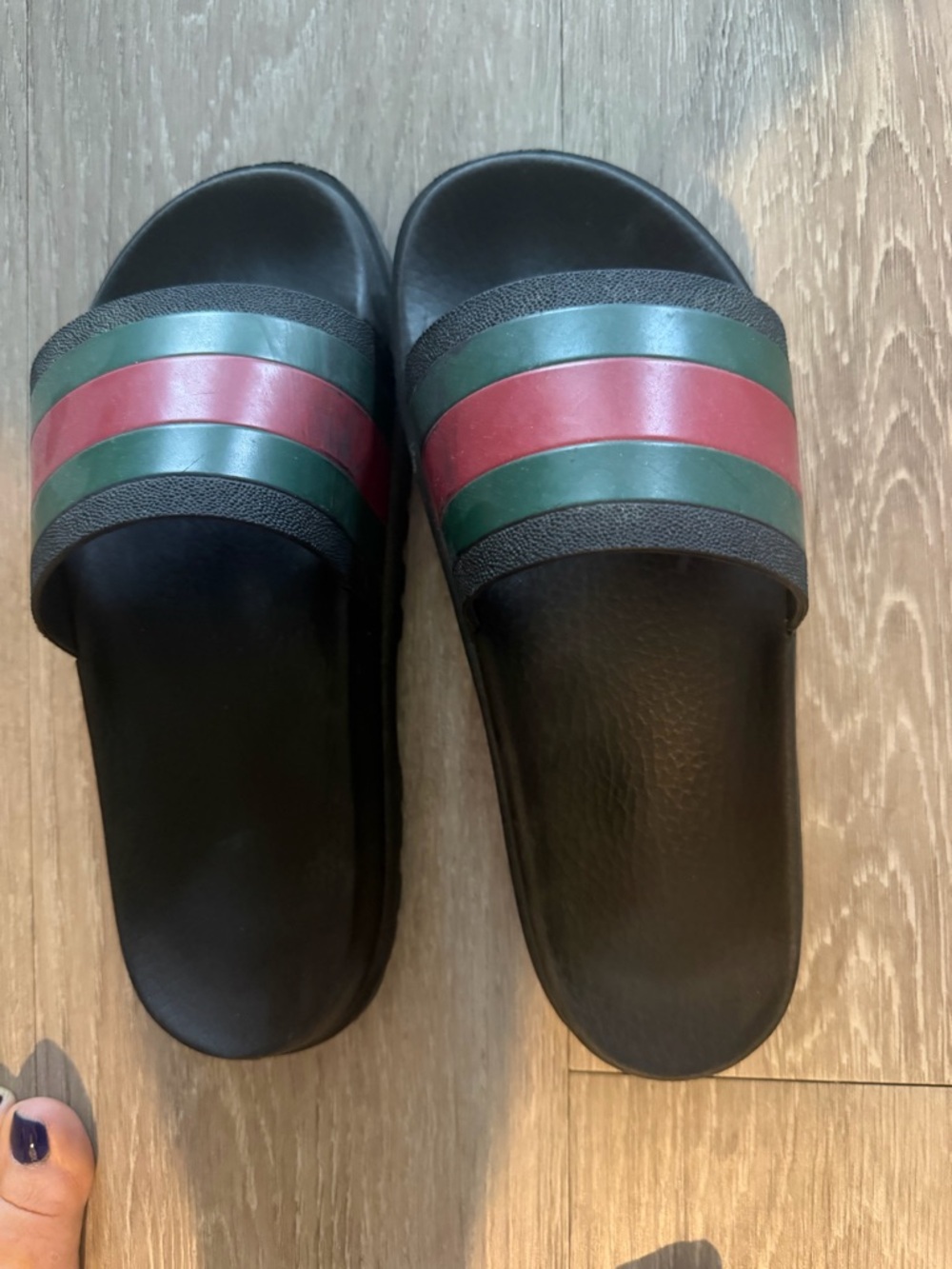 Gucci Black Slides with Green and Red Stripes